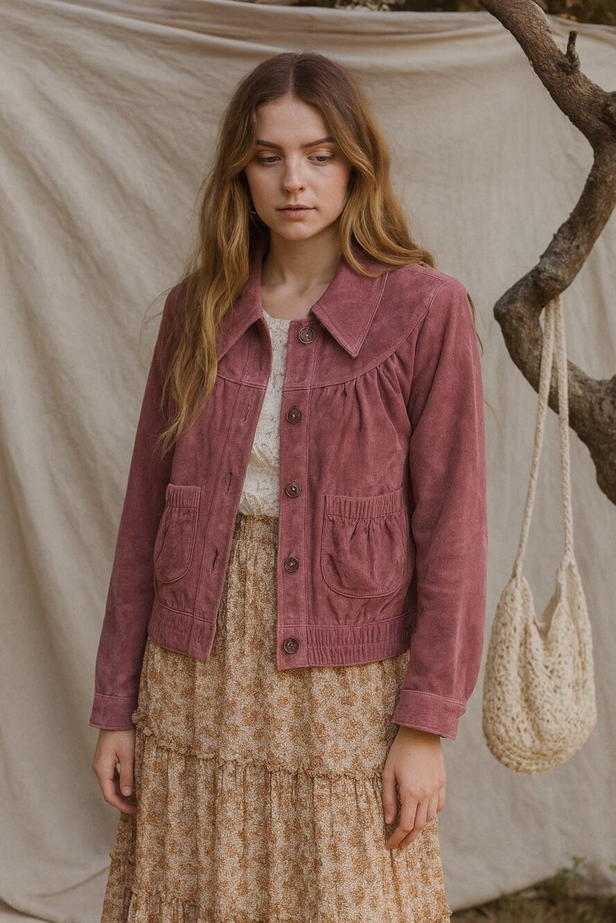 Vintage 90s Women’s Suede Shirt Jacket Size 16 Dark Pink Pockets Boho Coquette